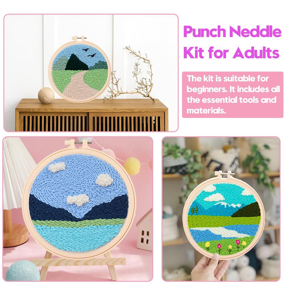 3 Sets Punch Needle Kits for Beginners,Includes Needles,Pattern Fabric,Yarns ...
