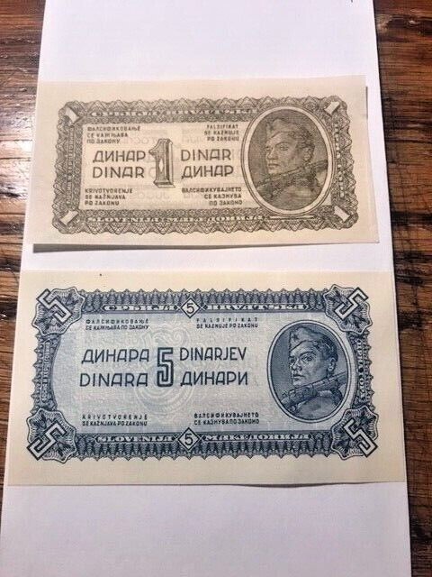1944 Yugoslavia 1 Dinar & 5 Dinara Notes Unc #15052