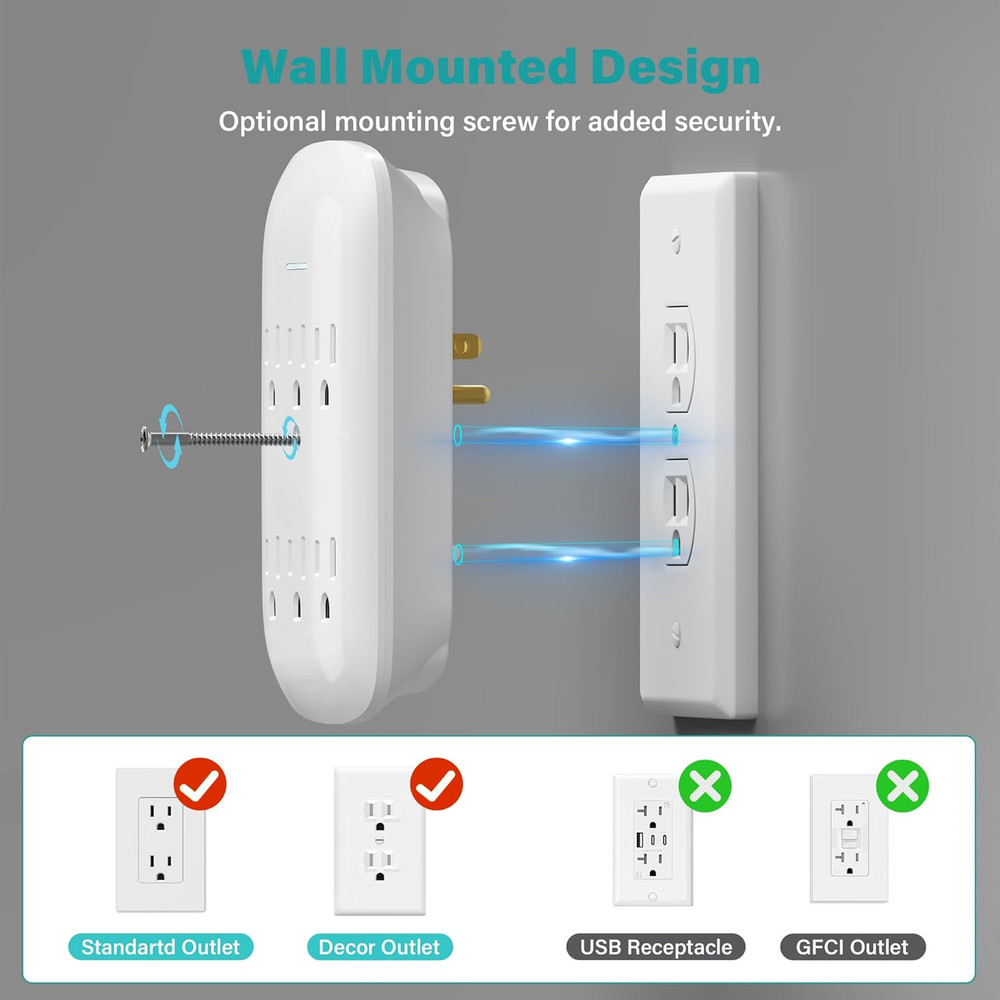 Surge Protector Wall Mount 6-Outlet Extender 2 Pack, 3 Prong Grounded Multi Plug