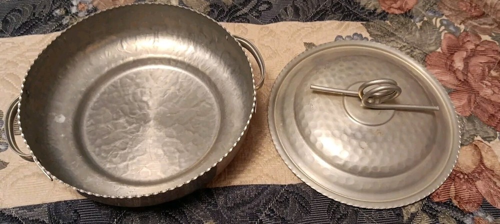 Antique Silver Hammered Bowl With Lid & Handles 9.5"