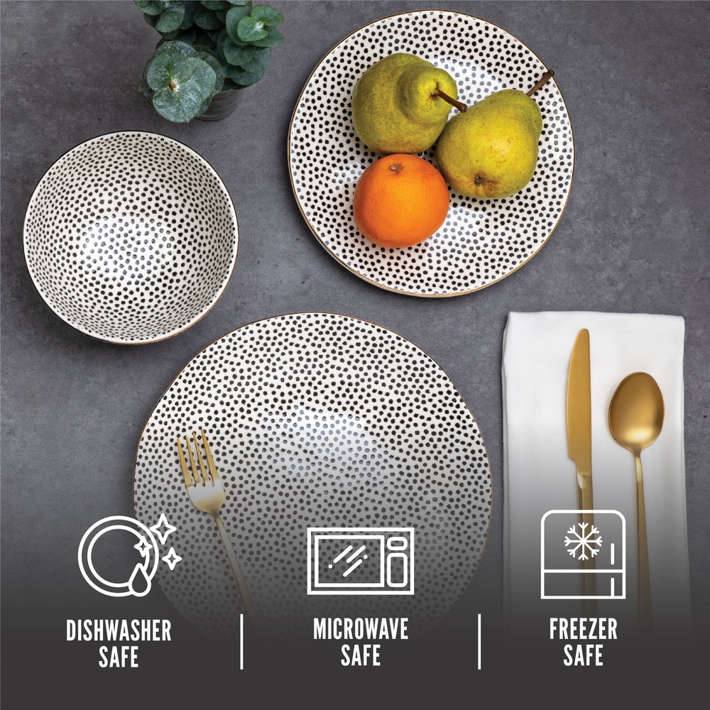 12 Piece Dinnerware Set Black White Dot Table Stoneware 12 Piece Plates Bowls