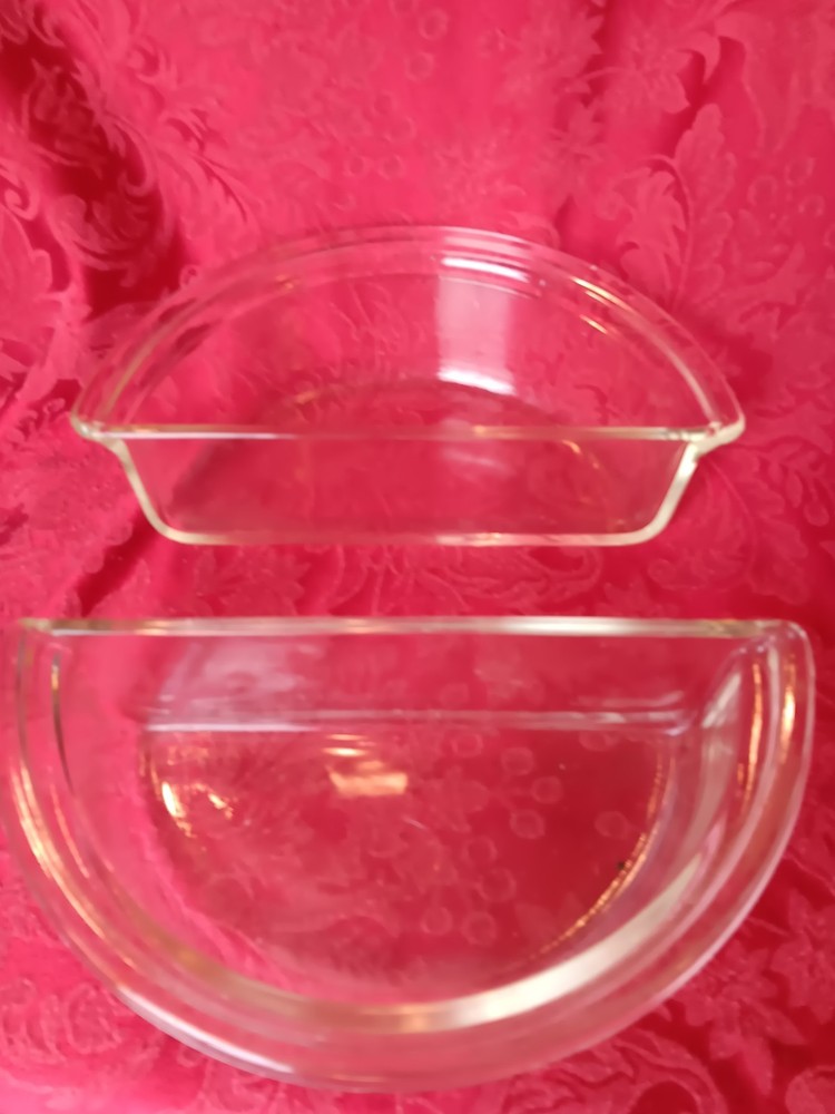 2 Half Circle Clear Glass Baking Dishes Marked MB