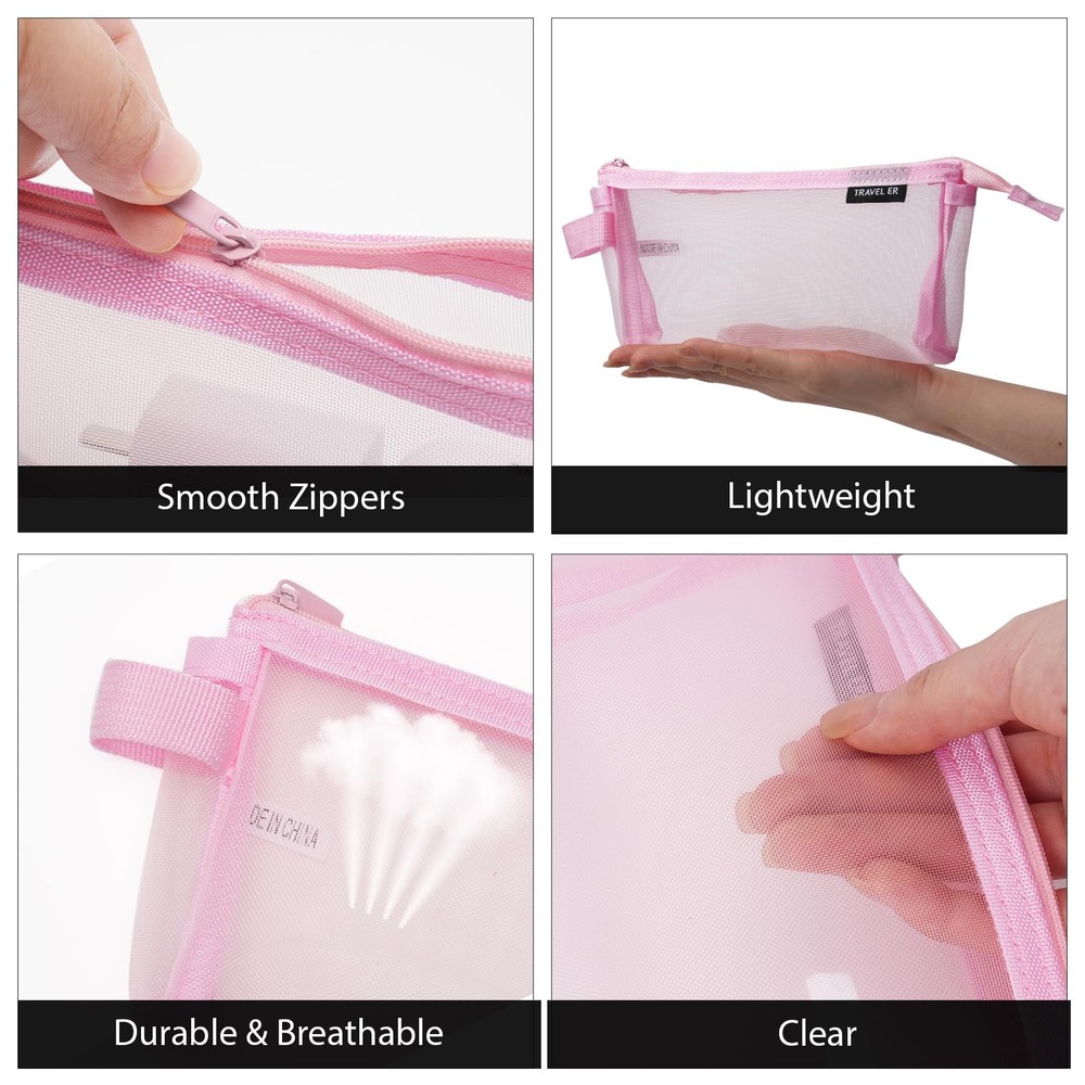 2-Pack Grid Mesh Pencil Case with Handle and Zipper, Double Layer Clear Pencil