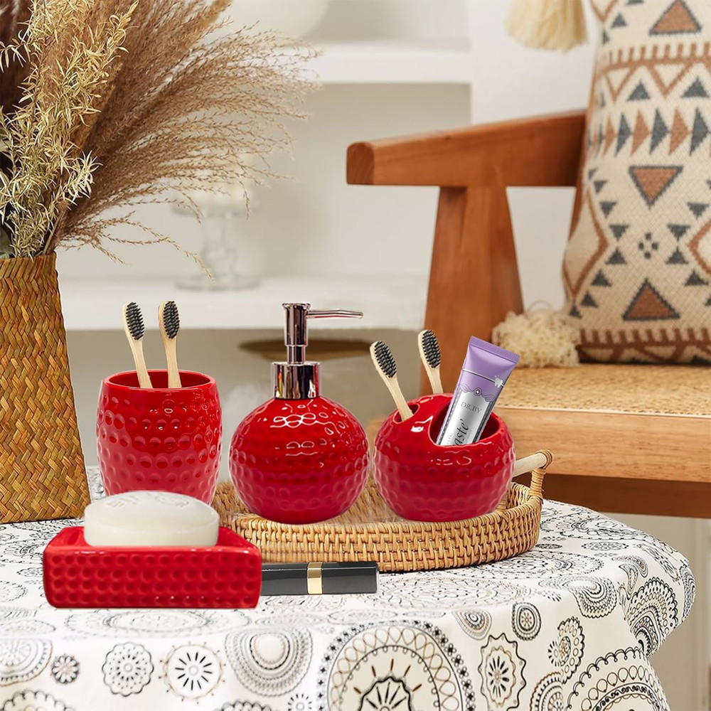 Bathroom Accessories Set,4 Pcs Red Ceramic Bathroom Accessory Set Complete with