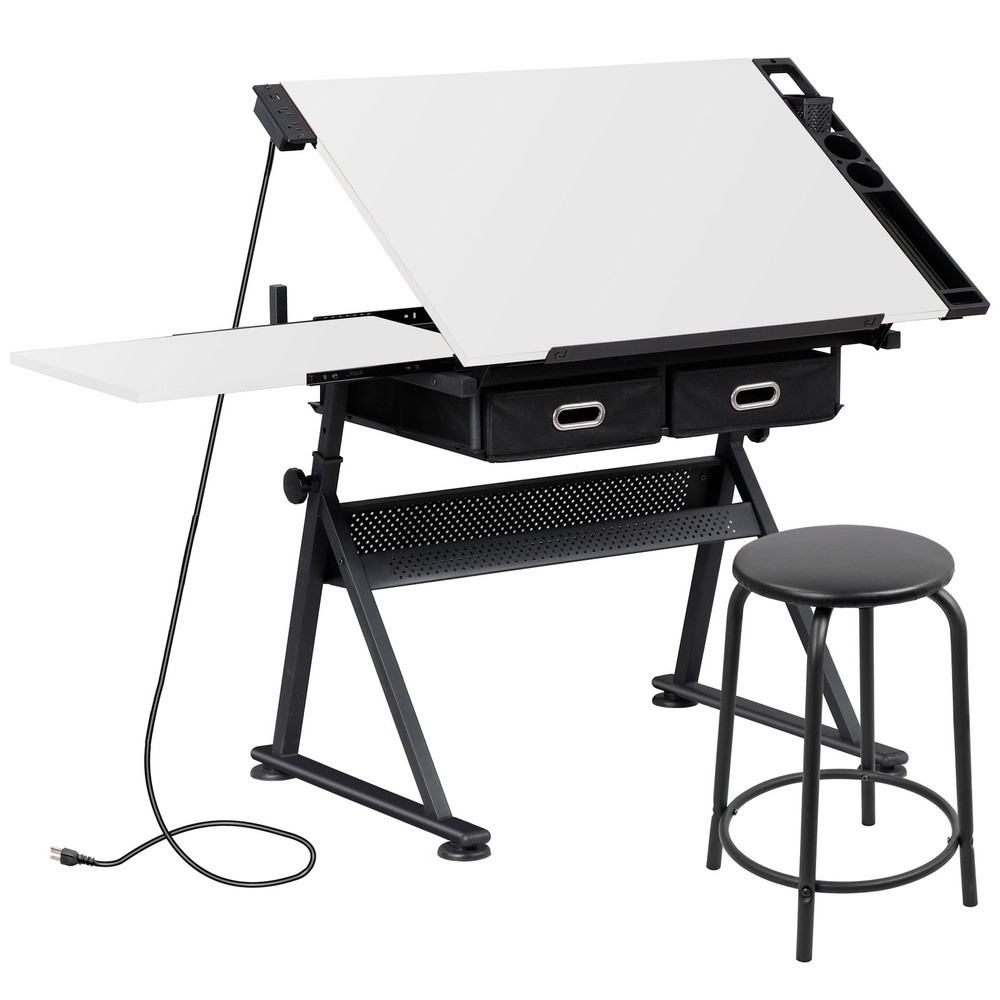 Adjustable Drafting Table Tilting Drawing Desk w/Charging Station & Stool White