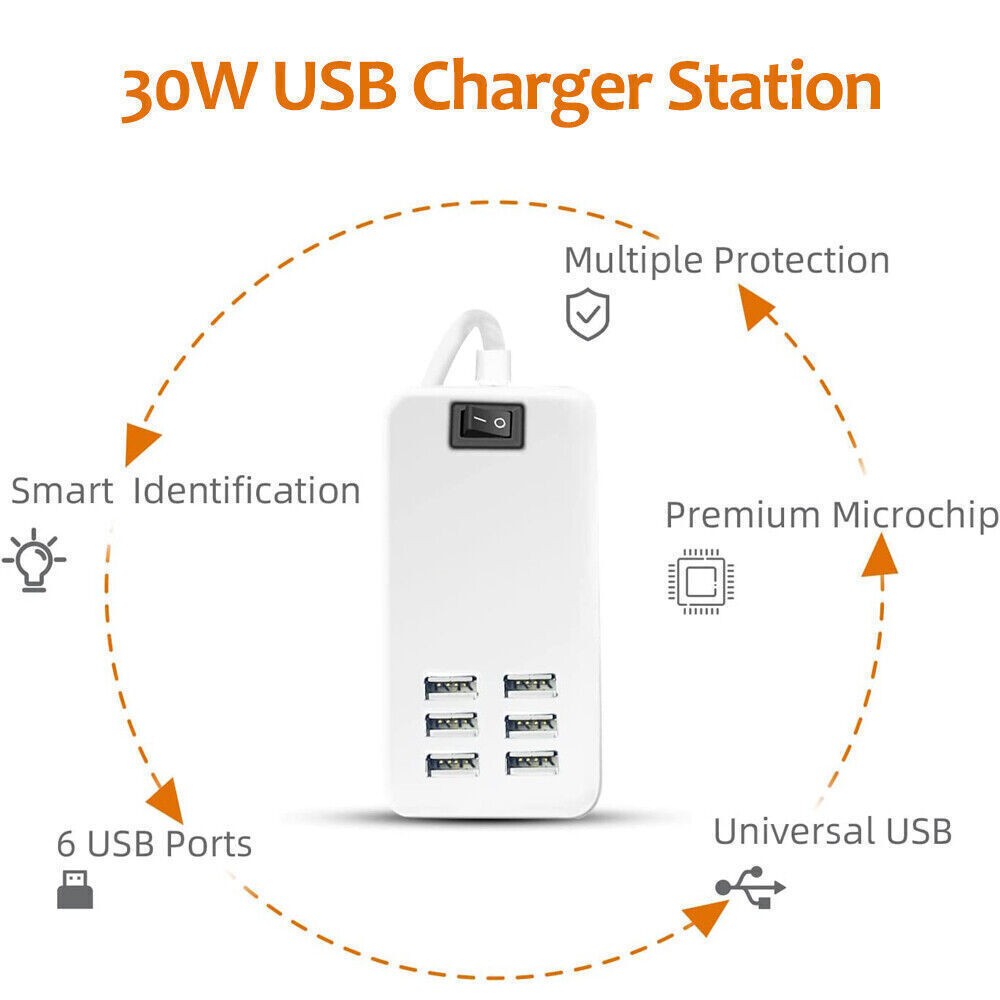 6 Port USB Hub Fast Wall Charger Station Multi-Function Desktop AC Power Adapter