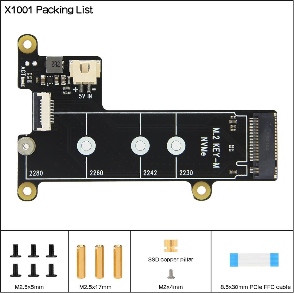 Lightweight X1001 PCIe M.2 HAT for Raspberry Pi 5 - Supports Multiple SSD Sizes