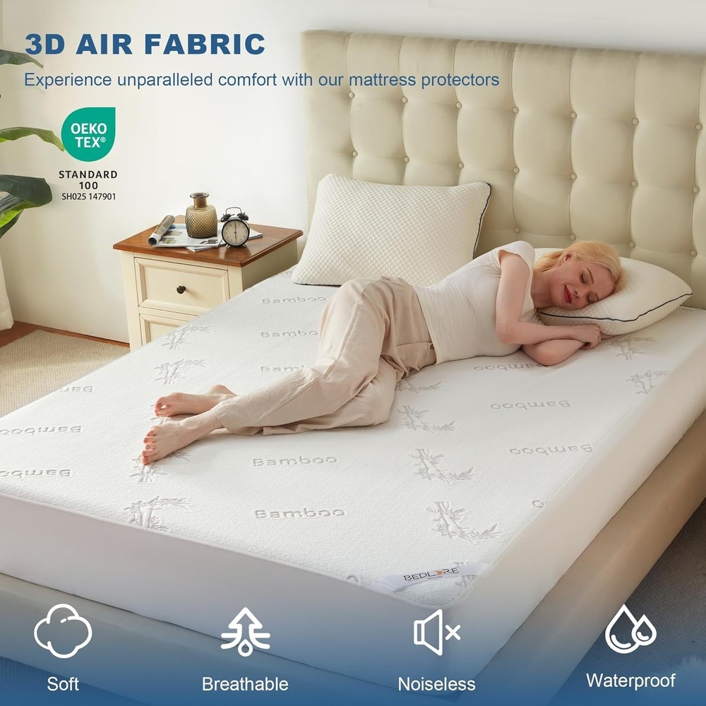 Queen Size Waterproof Mattress Protector Viscose Derived from Bamboo, Soft Ma...