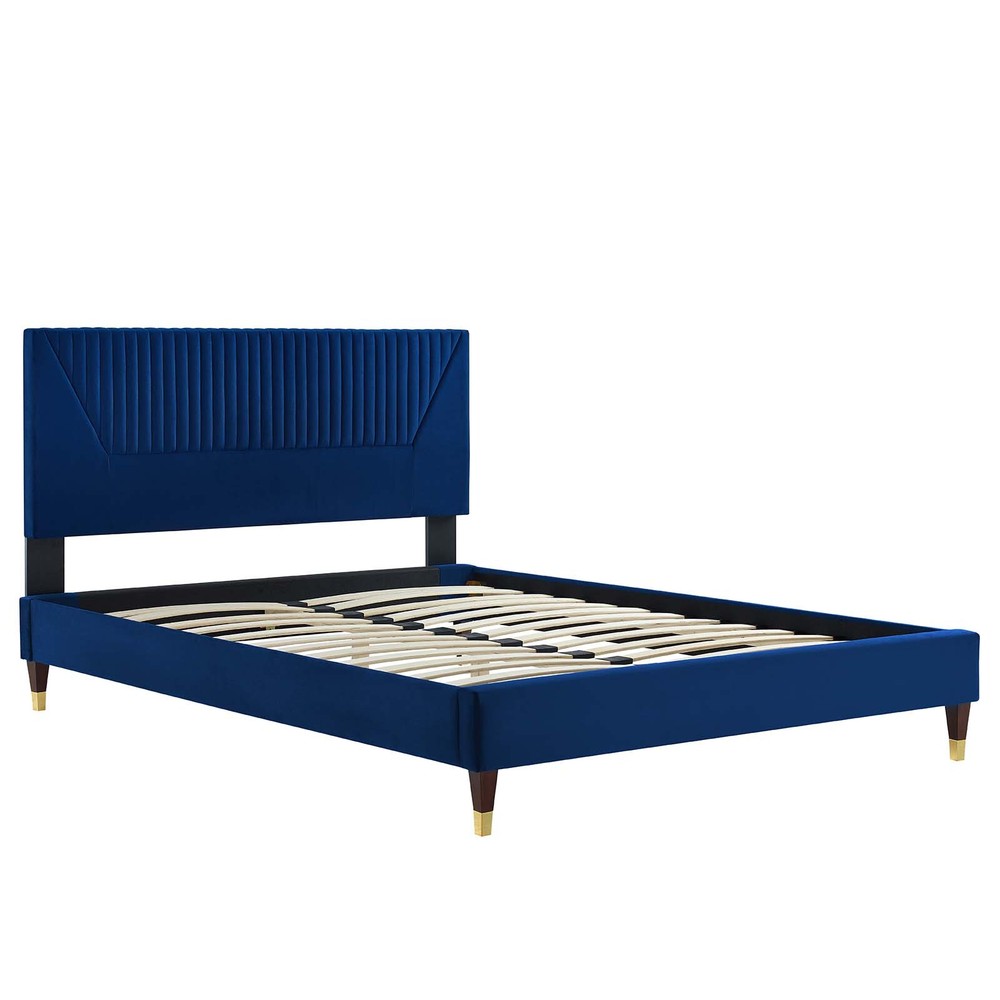 Modway Yasmine Channel Tufted Performance Velvet Full Platform Bed in Navy