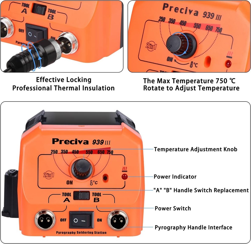 Dual Handle 40W Adjustable Temperature Wood Burning Tool & Pyrography Kit