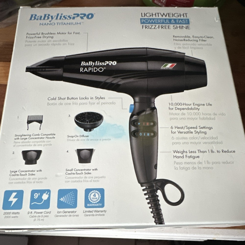 BaBylissPRO Nano Titanium Rapido Ionic Hair Dryer 2000W Diffuser JUST BOX !