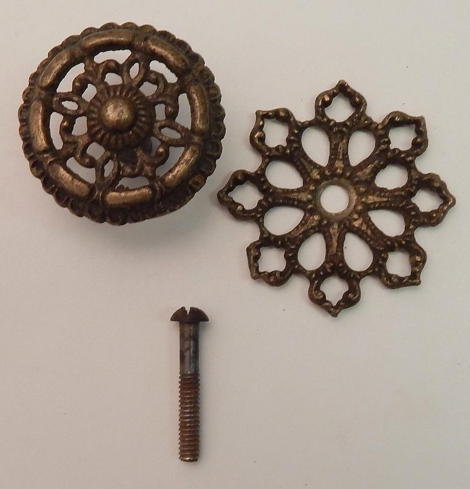 Antique Brass Drawer Knob & Back Plate Reticulated Ornate Open Work Pull