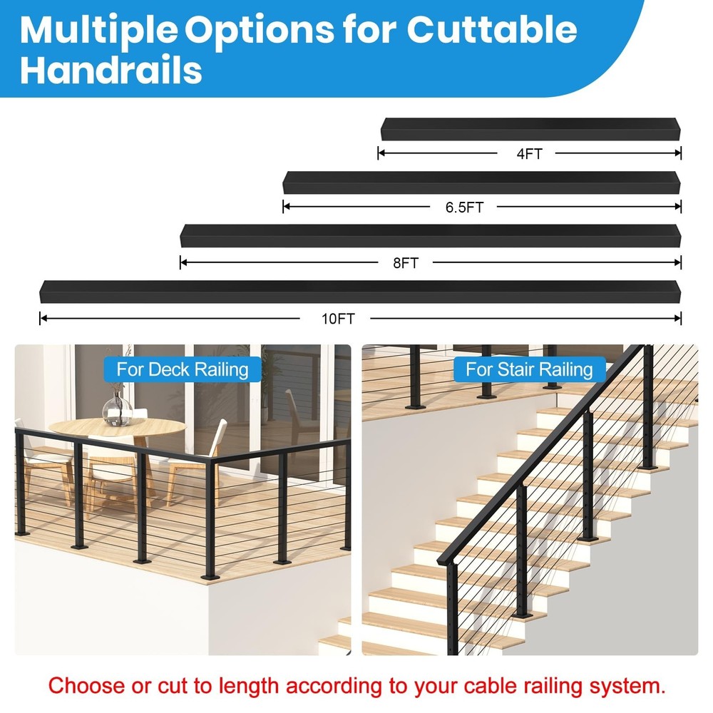 6'6'' Rectangular Cable Railing Handrail, Black Stainless Steel Handrail with...
