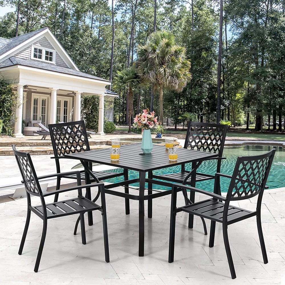 Outdoor Patio Tables Metal Rectangular Square Dining Table With Umbrella Hole