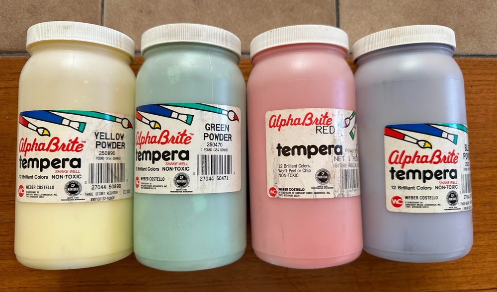 Preowned 4 Jars AlphaBrite Tempera Paint: G,R, B,Y, (See specifics below)