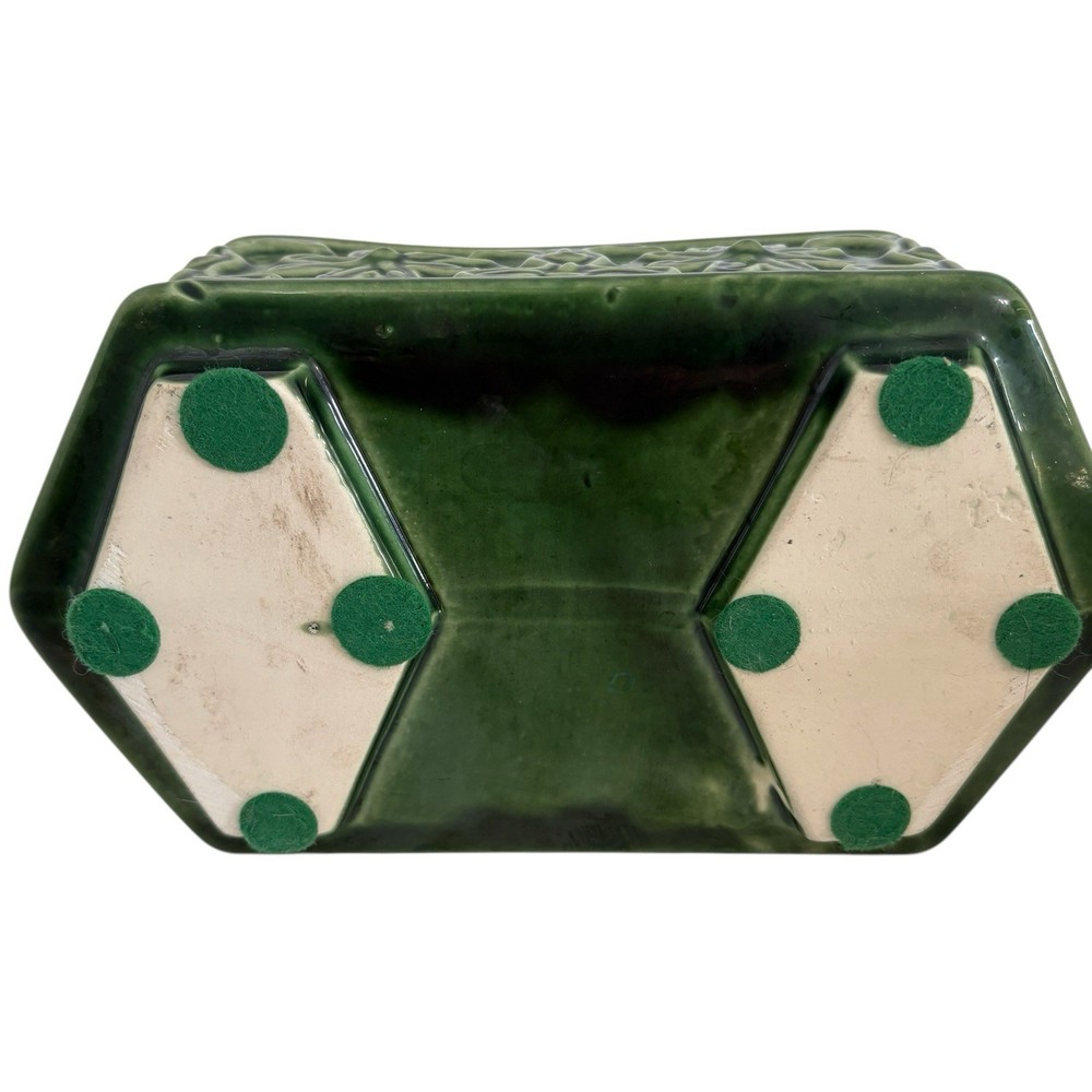 Vintage American Bisque Green Footed Rectangular Planter Floral Scroll 8.75 in