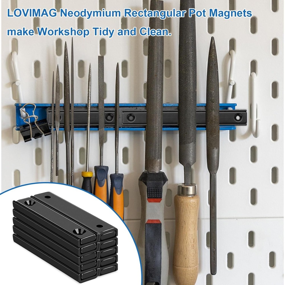 Neodymium Rectangular Black Pot Magnets, 60x13.5x5mm, 80lbs Pull Force, 6 PCK