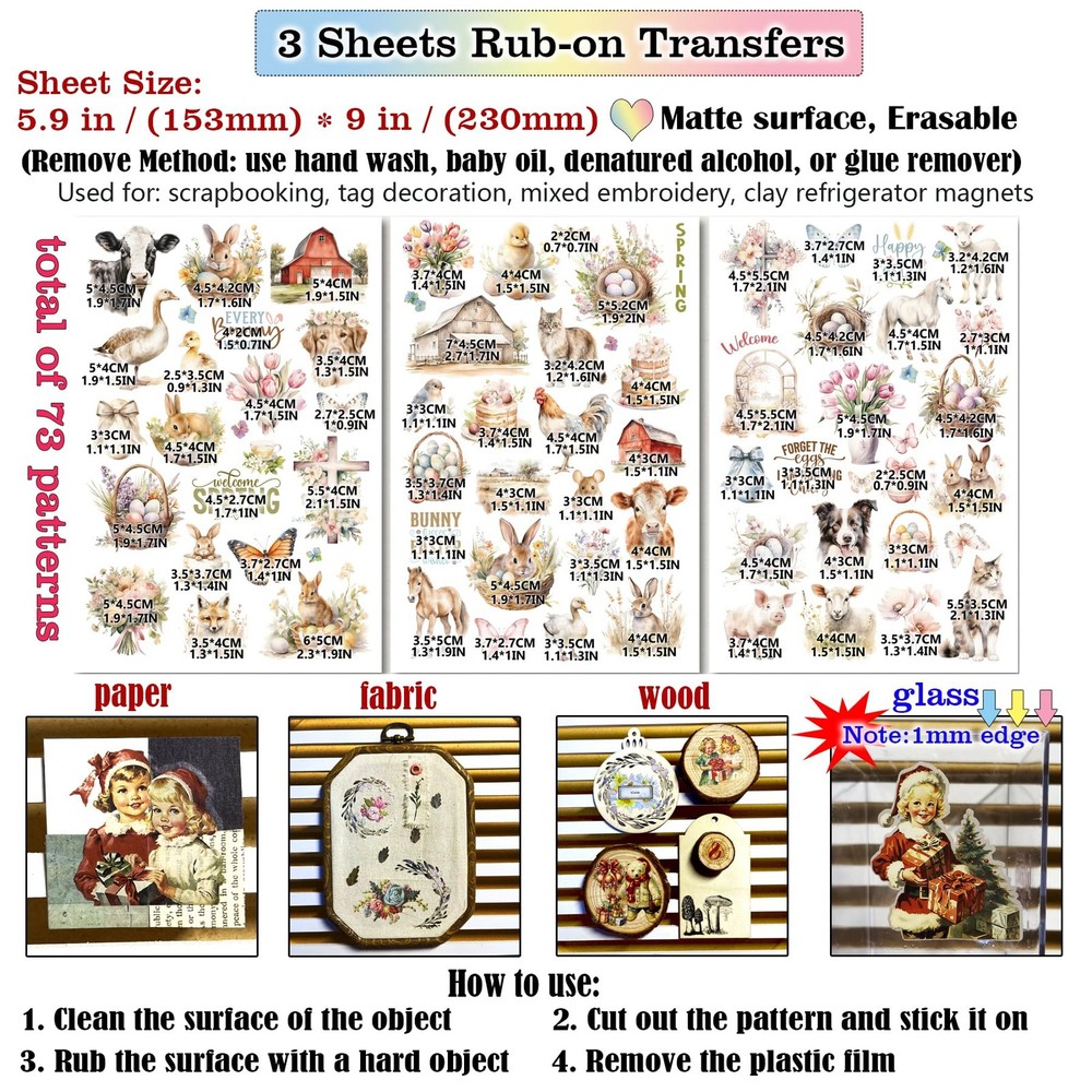 Spring Easter Crafts Rub On Transfers Sticker Larger 3 sheets, Multicolor
