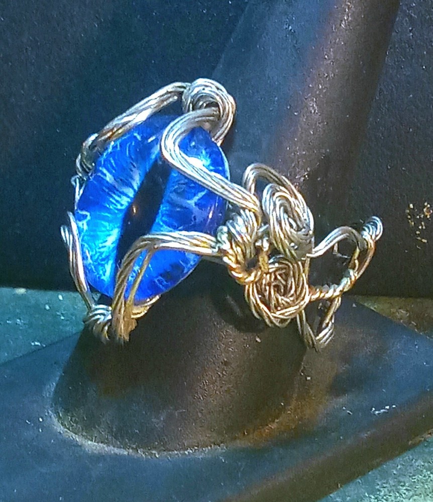 Blue Dragon Eye ring Handmade adjustable Medieval Wire Wrapped statement ring