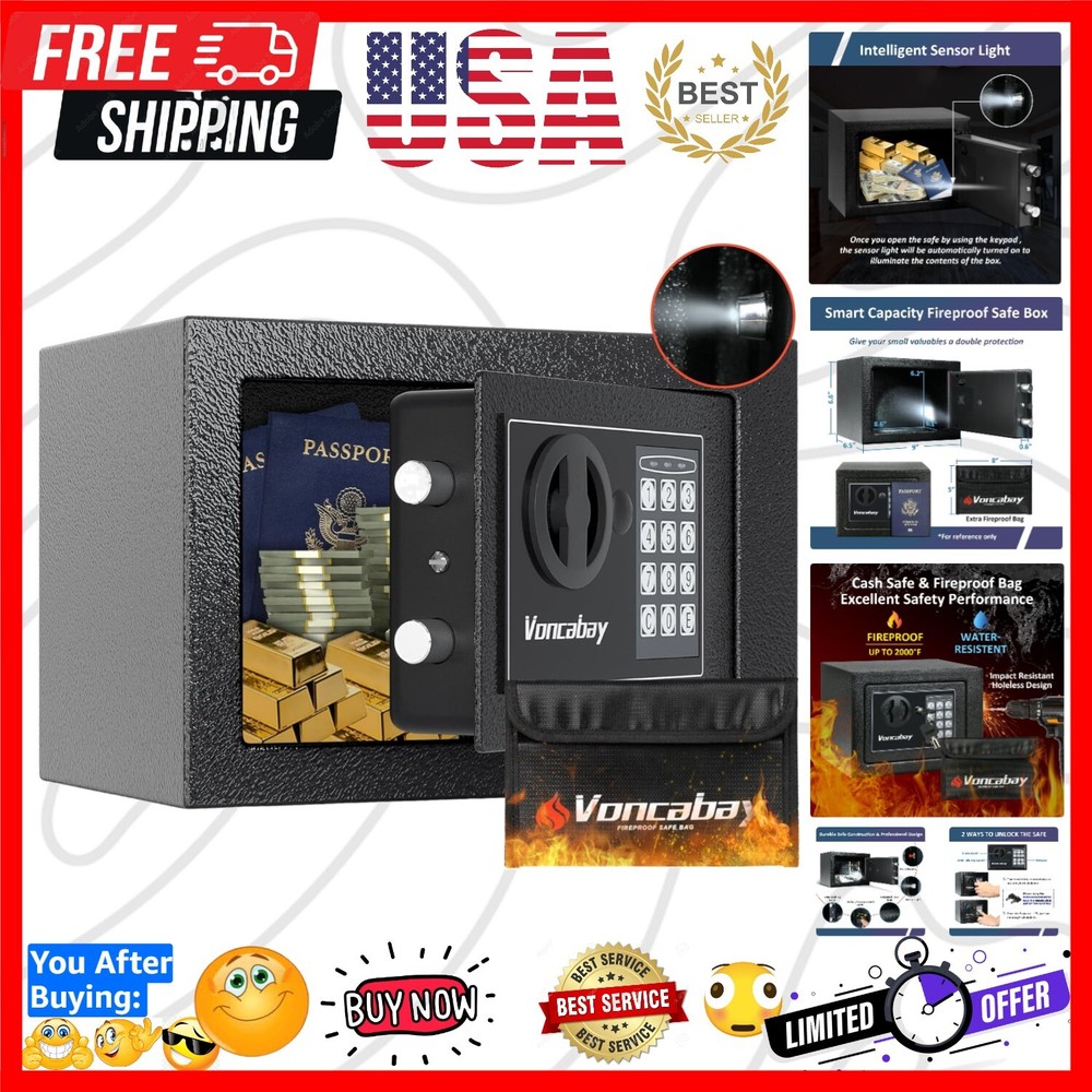 Fireproof Security Safe Box with Sensor Light & Digital Keypad - 0.23 Cu Ft