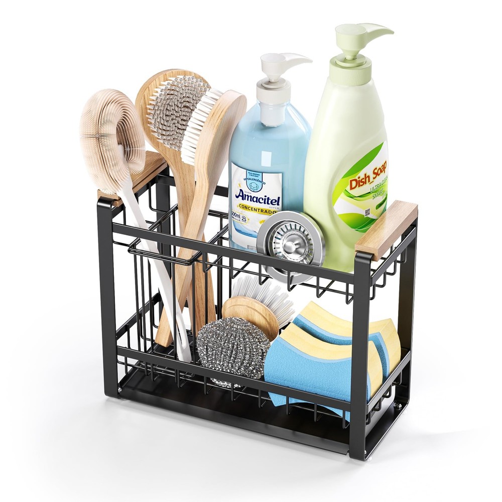 Sink Caddy Organizer with Wooden Handle, 2-Tier Rustproof Metal Sink Organize...