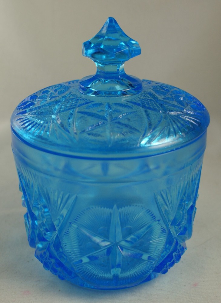 Kemple Blue Pressed Glass Covered Jar Yutec Pattern