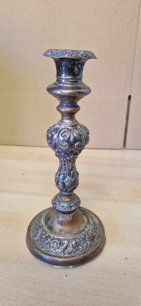 Antique Weighted Silverplate on Copper Candlestick Embossed Pattern 25cm Tall