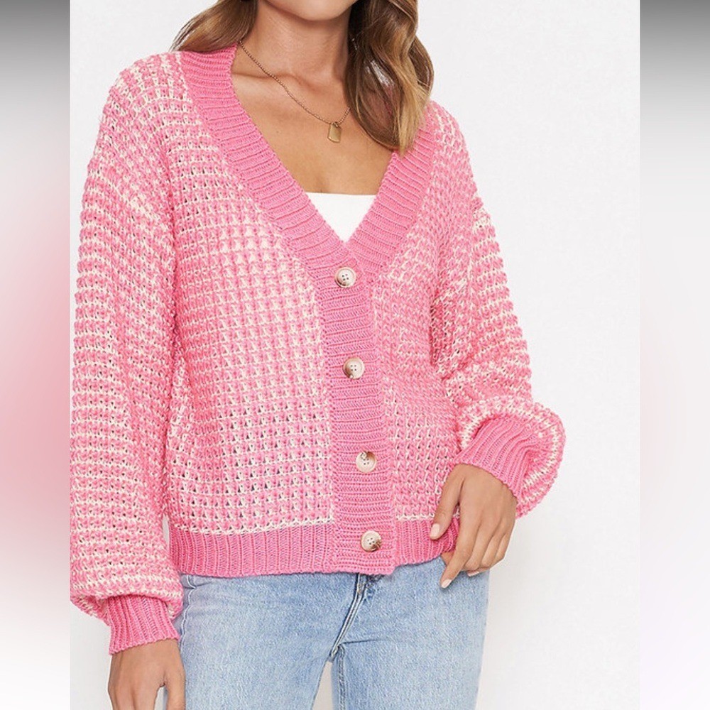 Pink Waffle Knit V-neck Button Up Sweater