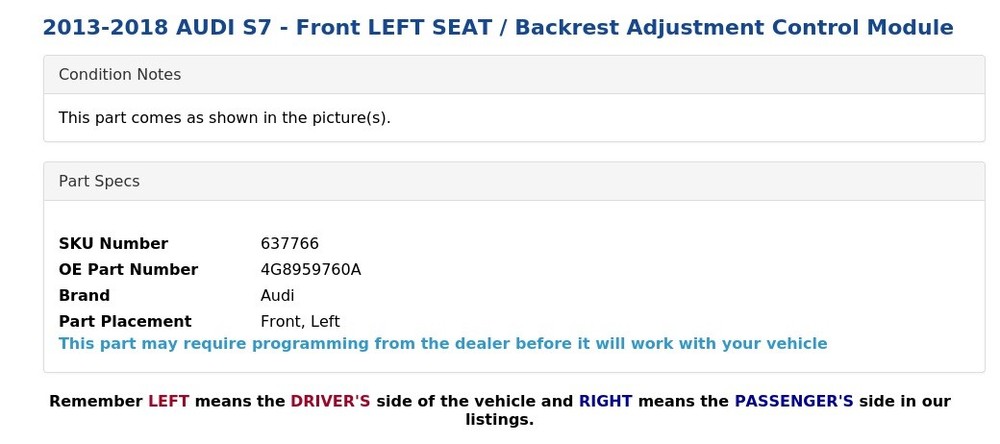 2013-2018 AUDI S7 - Front LEFT SEAT / Backrest Adjustment Control Module