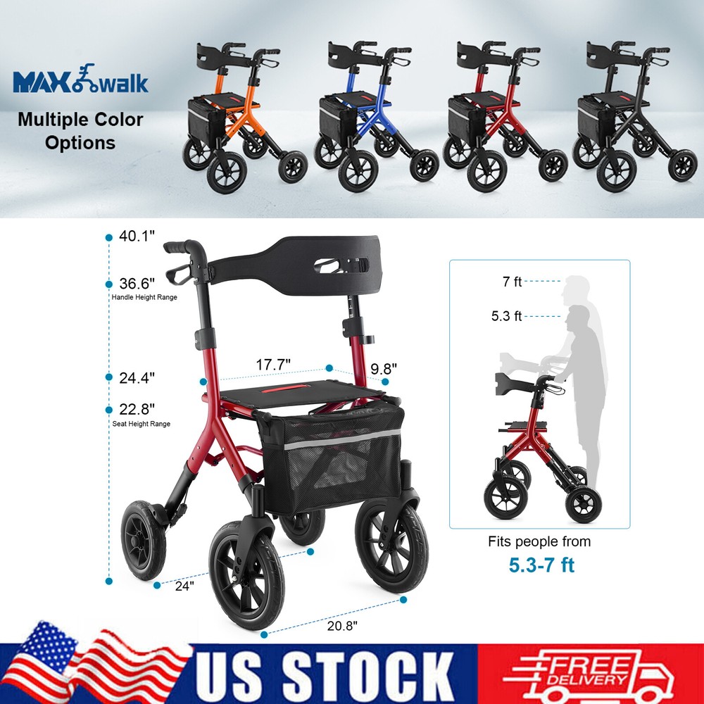 12" Rubber Wheels All-Terrain Rollator Walker w/Seat Backrest Folding Adjustable