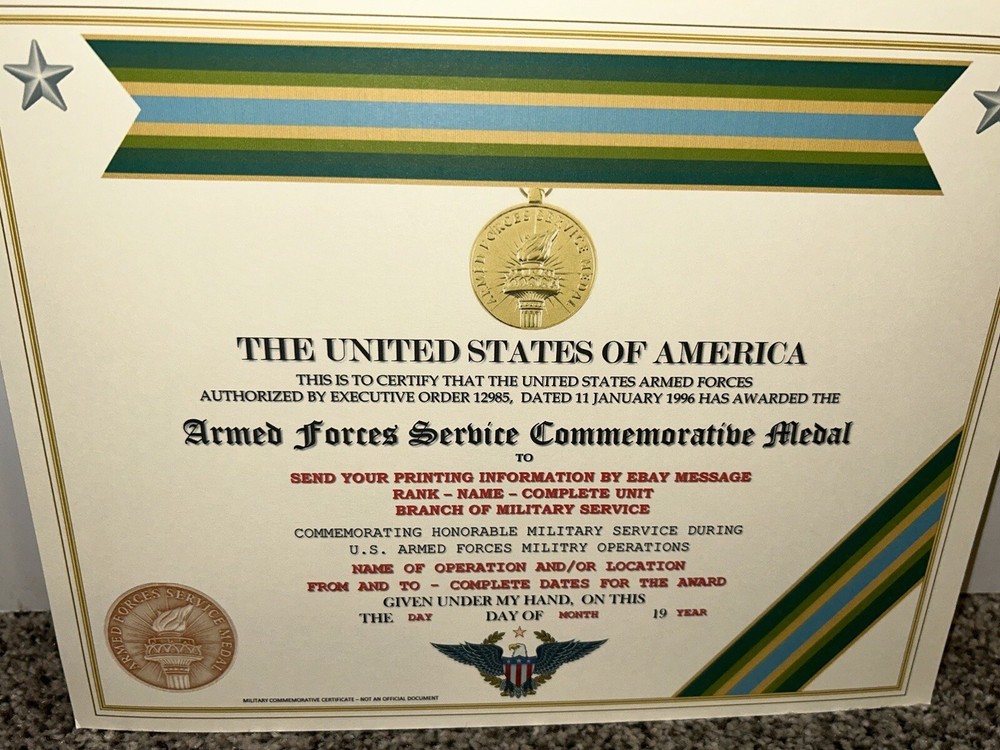 ARMED FORCES SERVICE MEDAL COMMEMORATIVE CERTIFICATE ~ W/PRINTING TYPE-1