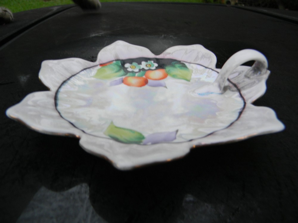 Marked Hand Painted Flower Shaped Candy Dish with Finger Loop Handle  6"