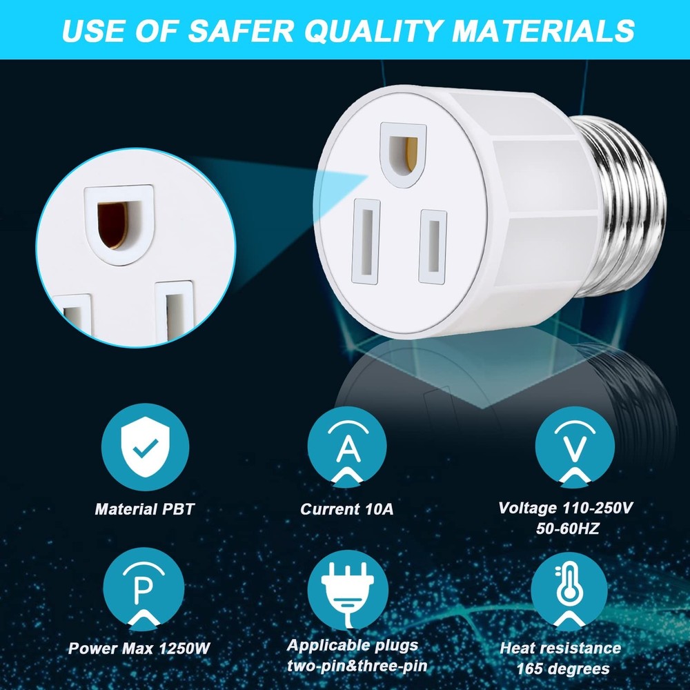 3 Prong Light Socket to Plug Adapter - E26 E27 Light Socket to Plug Adapter -...