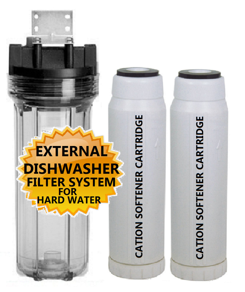 External Dishwasher softener for hard water. Installs in-line before dishwasher