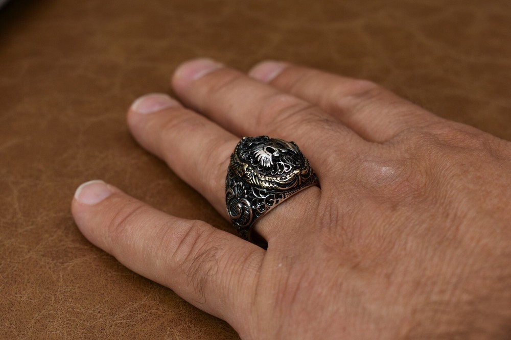 Handmade 925 Sterling Silver Men's Ring Double Eagle Pattern Size : 8 US MAN