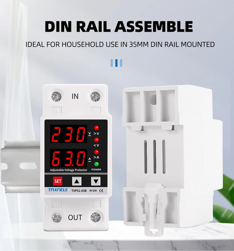 220V 63A Adjustable Voltage Relay Over Under Voltage Protector Wattmeter Meter