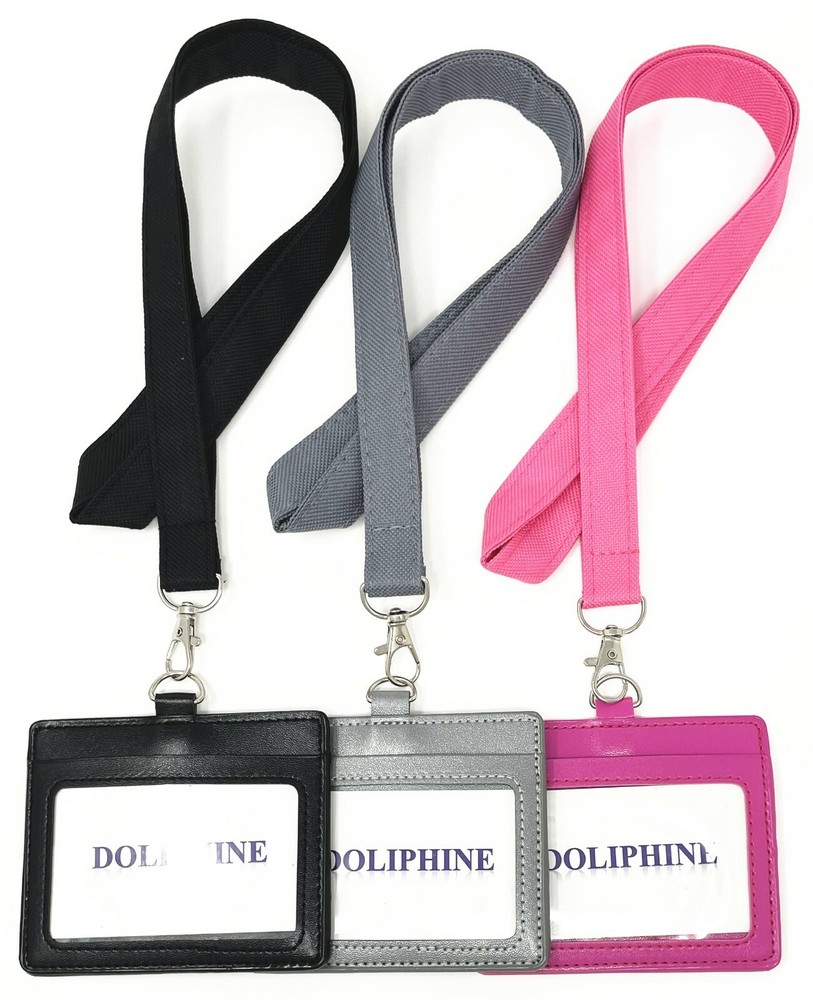 Polyester Fabric Solid Neck Lanyard with horizontal leather ID badge holder