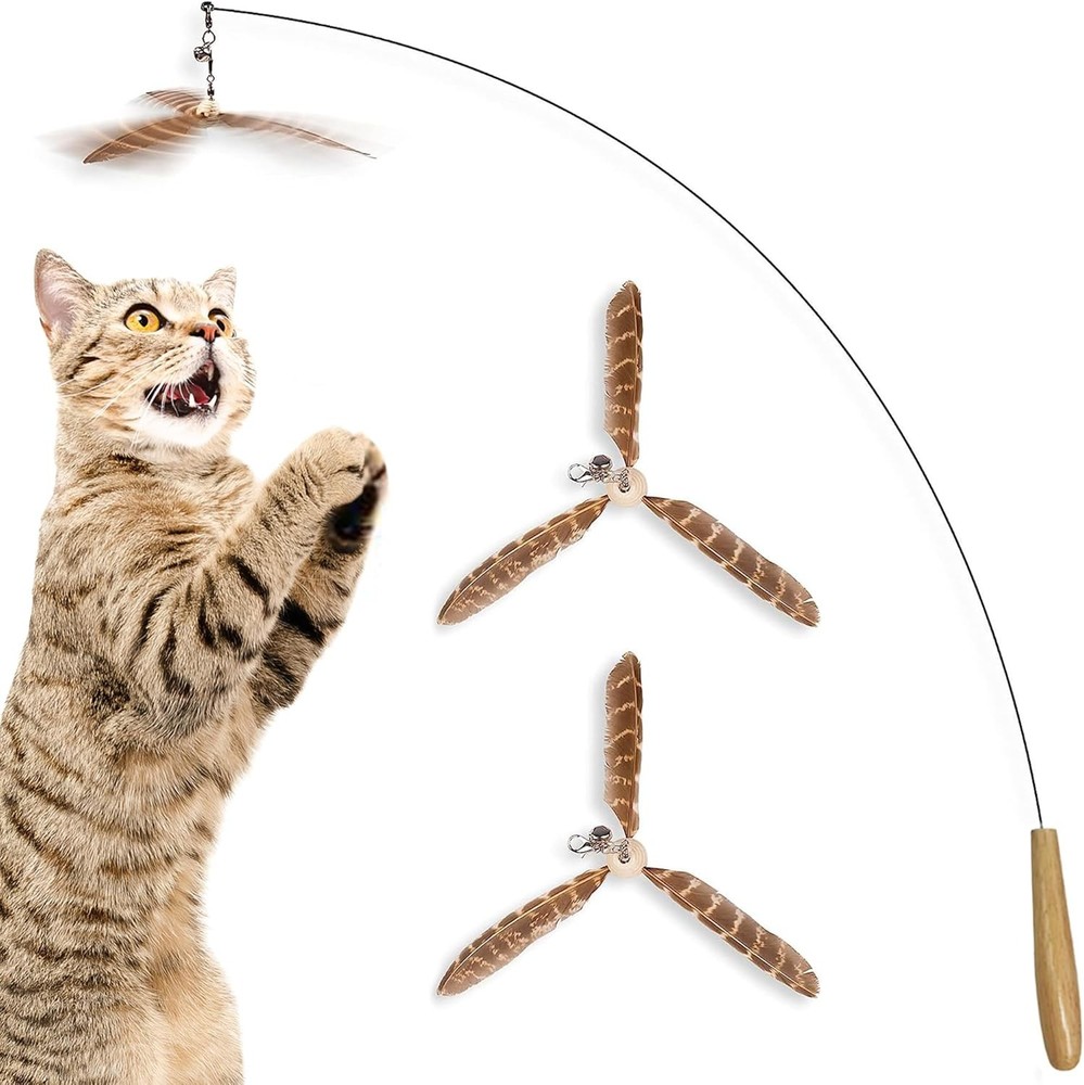 Interactive Cat Feather Toy 34in Pole 3 Teasers