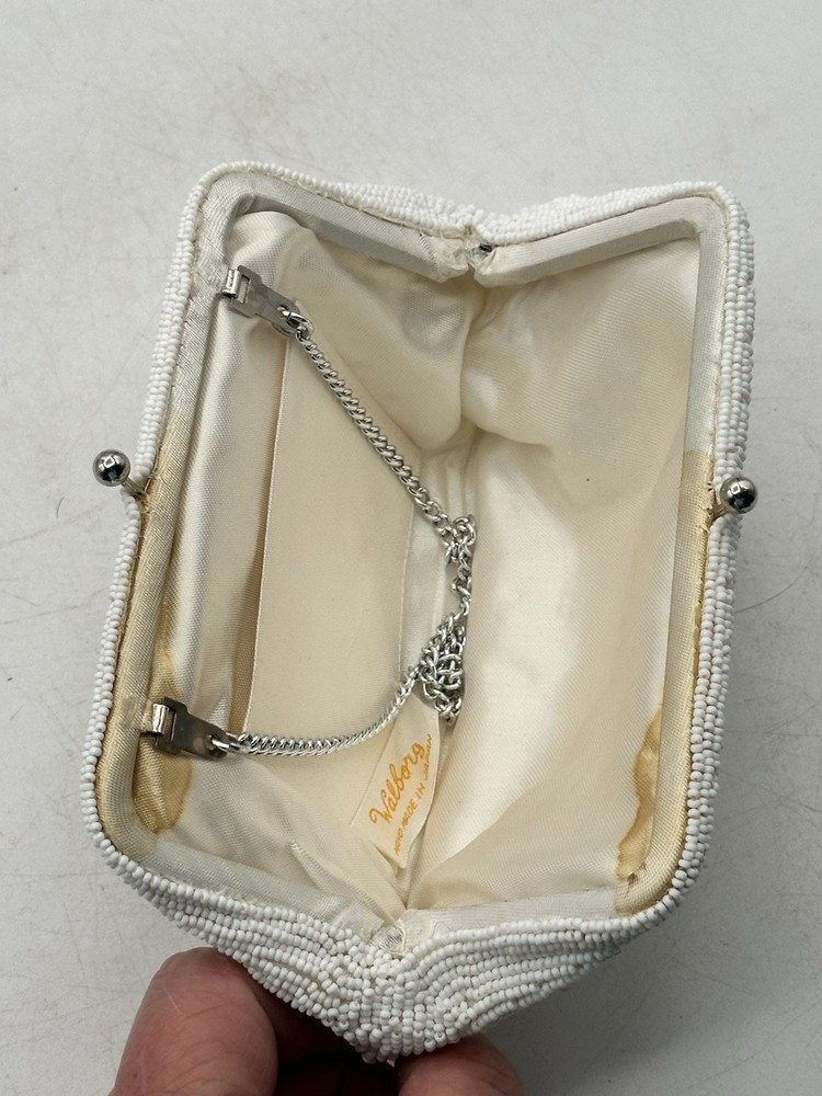 Walborg Vintage White Beaded Purse With Chain Strap Japan