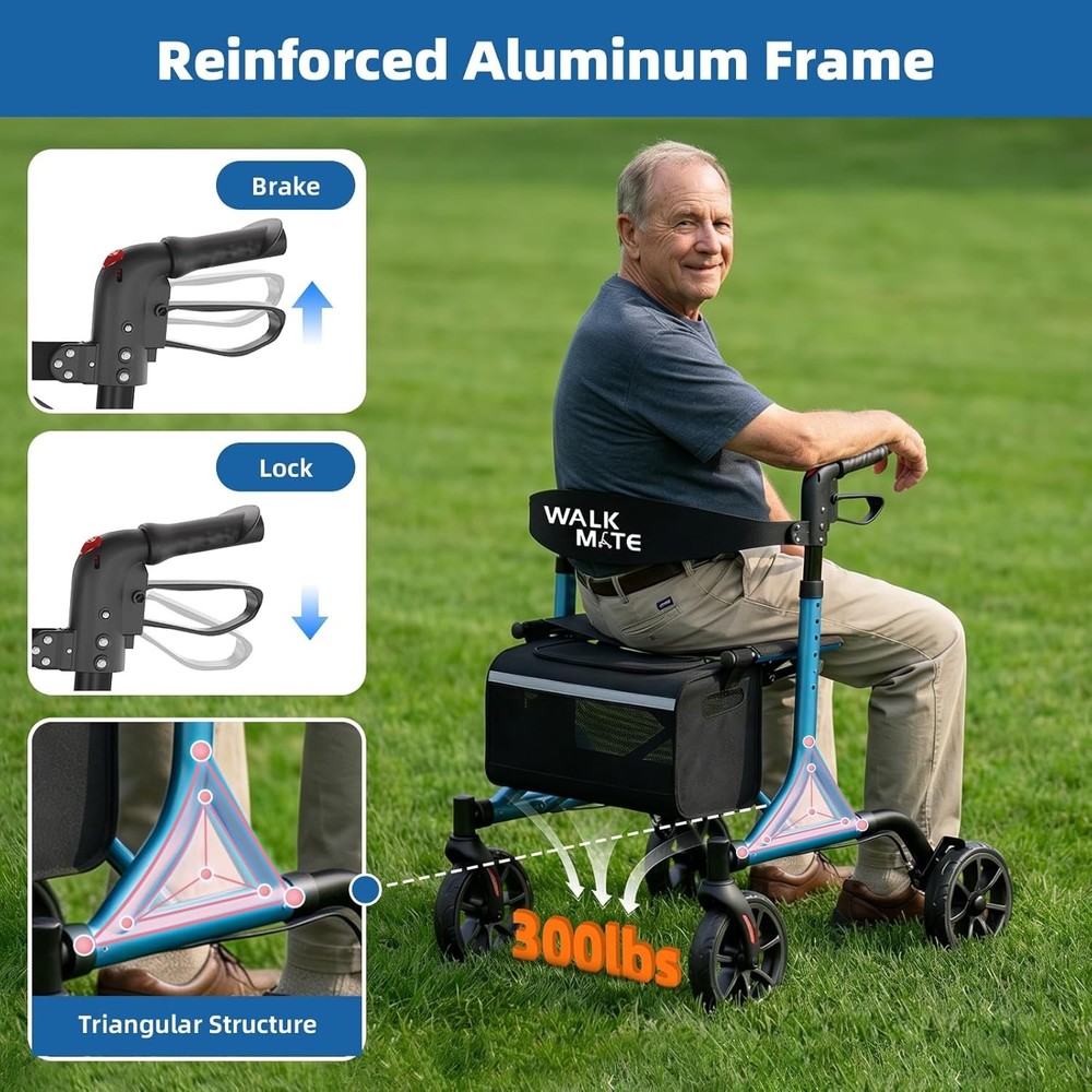 Adjustable Height Rollator Walker for Seniors - Blue