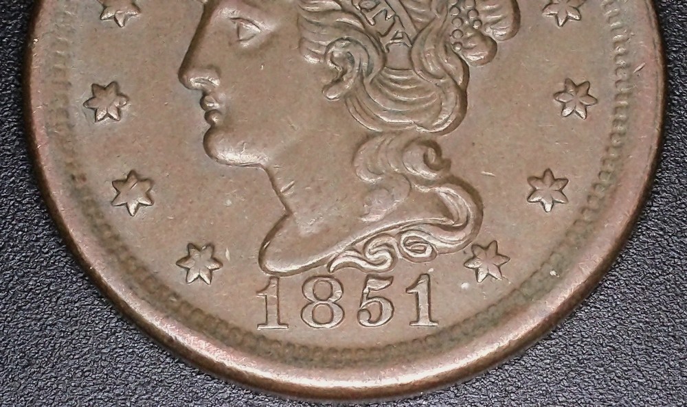 1851 Choice AU Large Cent Chocolate Brown