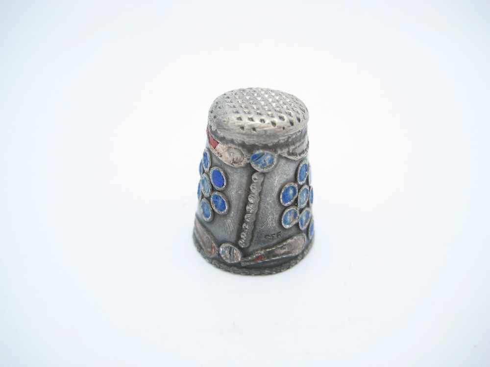 Antique 935 Silver 18mm Blue Enamel Sewing Thimble