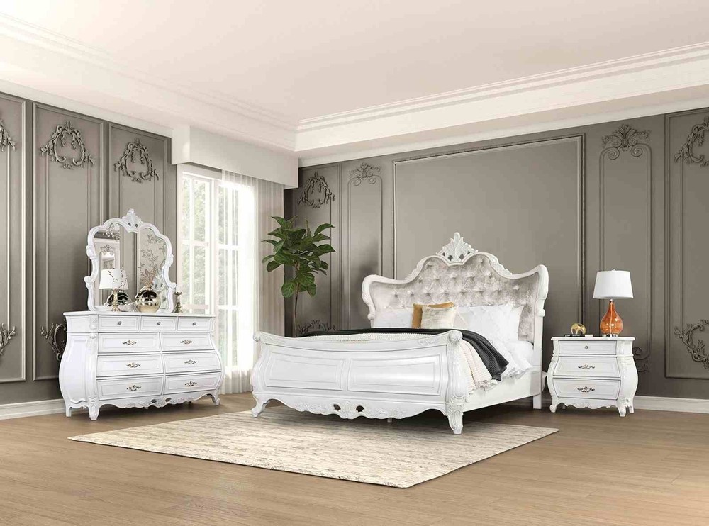 Traditional Style Eastern King Size 6pc Bed Set Wing Back Headboard White AndTan