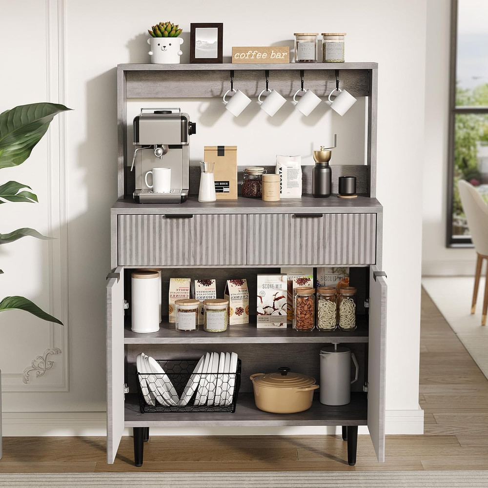 Modern Grey Fluted Sideboard Buffet Cabinet with Adjustable Shelves & Drawers