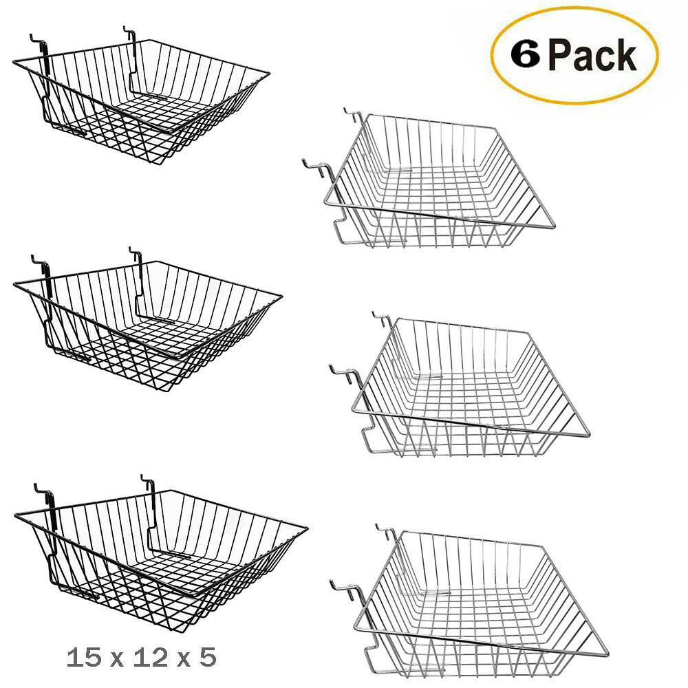 Pack 6 - Shallow Wire Baskets for Gridwall/Slatwall/Pegboard - BLACK,CHROME