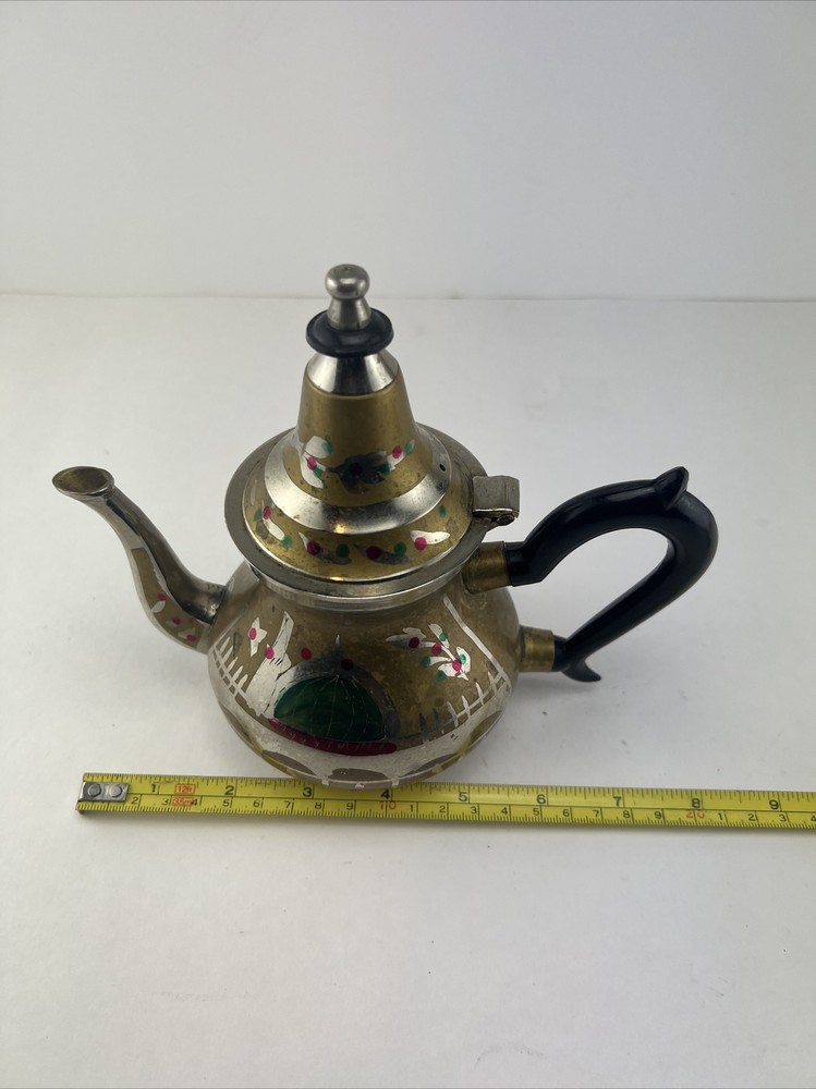 Vintage Ornate Small Middle Eastern Brass & Silver Tea Pot