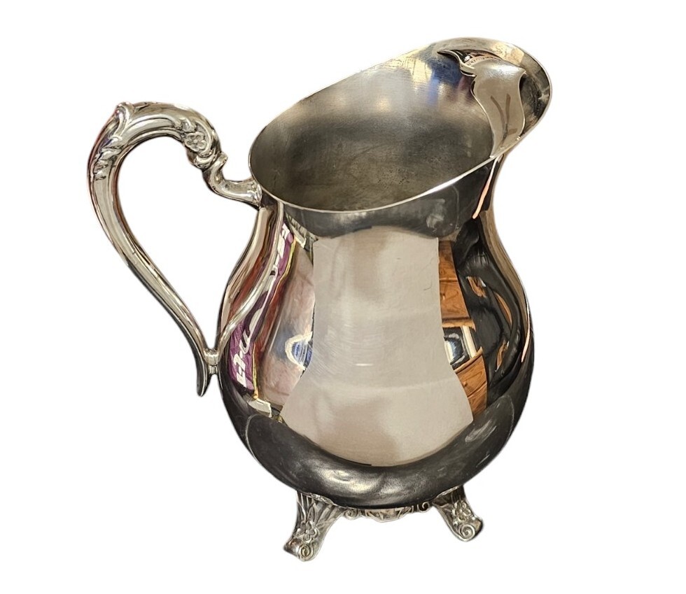 Silverplate Pitcher Ice Guard Ornate Handle Base Feet Tested Silver Vintage