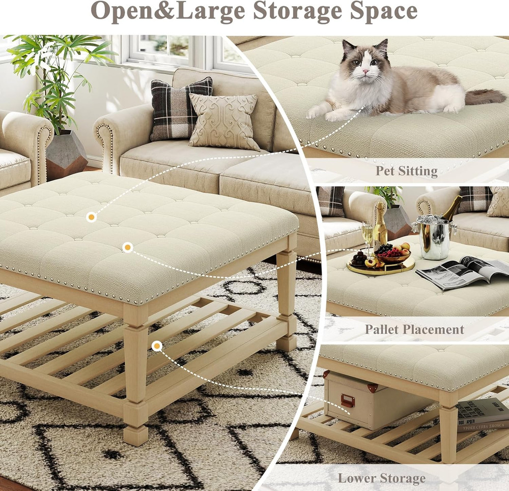 Ivory Large Square Ottoman Coffee Table with Storage & Tufted Upholstery