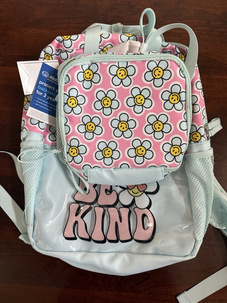 Be Kind 2 Piece Set Smiling Daisies Turquoise Backpack w/ Lunchpack NWT