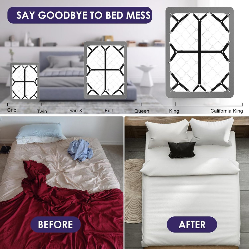 Bed Sheet Straps,6 PCS Secure and Fitted Sheet Straps for Full Size Bed,Adjustab